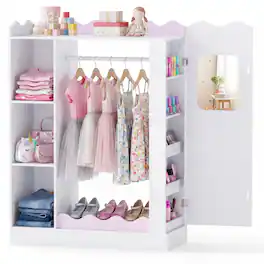 Costway - Kids Dress Up Storage with Mirrors, Children Wardrobe Closet with Open Hanging Rack - Pink