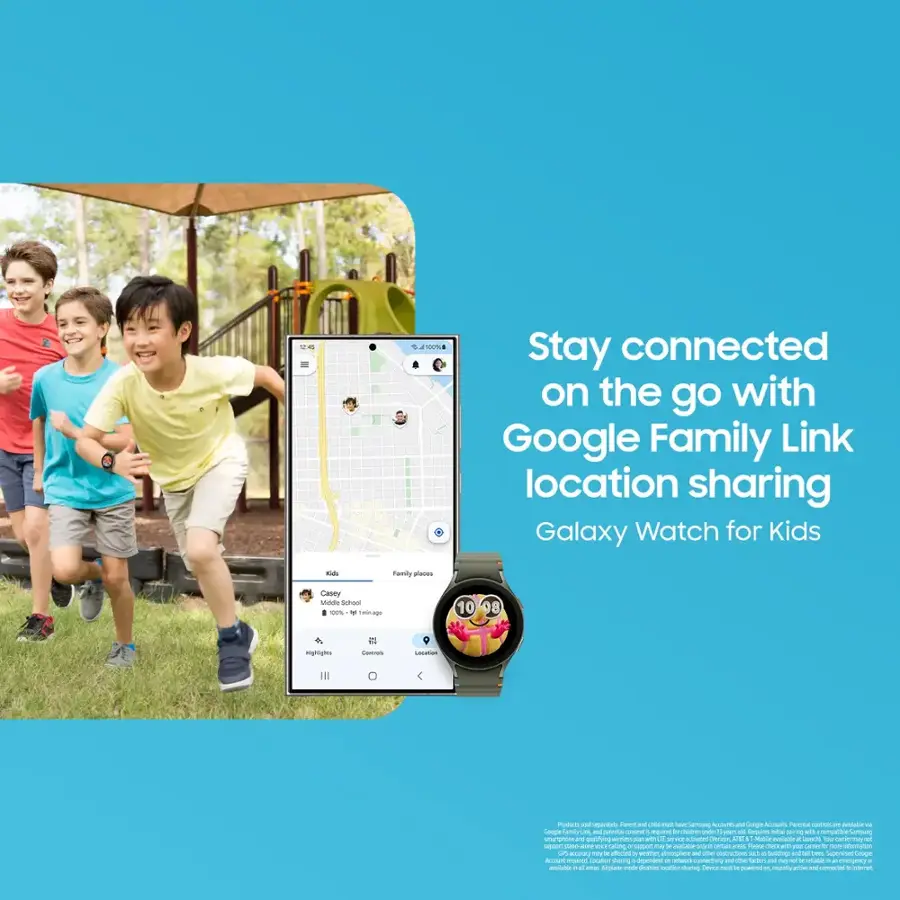 Stay connected on the go with Google Family Link location sharing Galaxy Watch for Kids and Family.