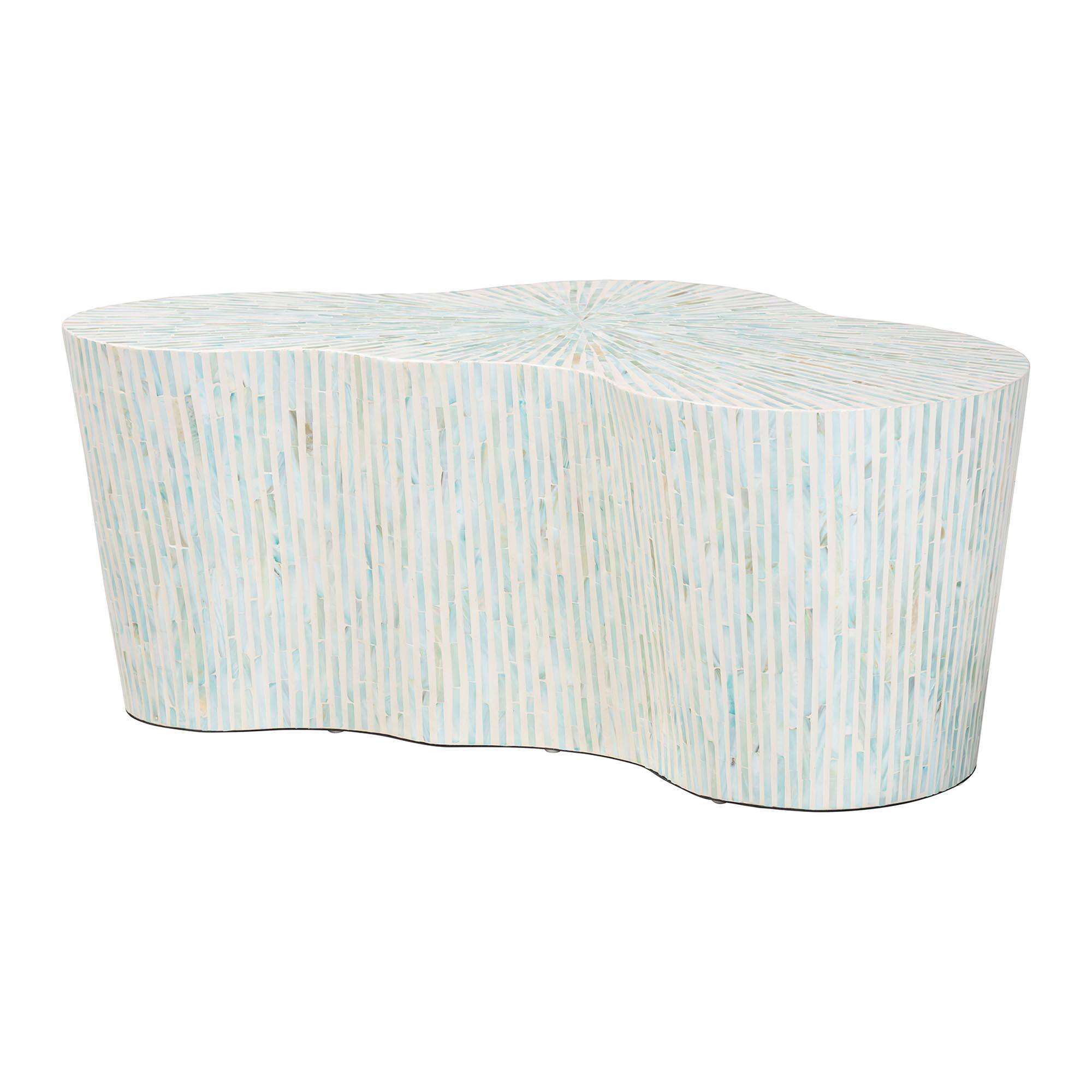 Front. bali & pari - Fiorella Capiz Shell Coffee Table - Mother of Pearl Irregular Shape Accent Table with Textured Inlay Surface - White/Aquamarine.