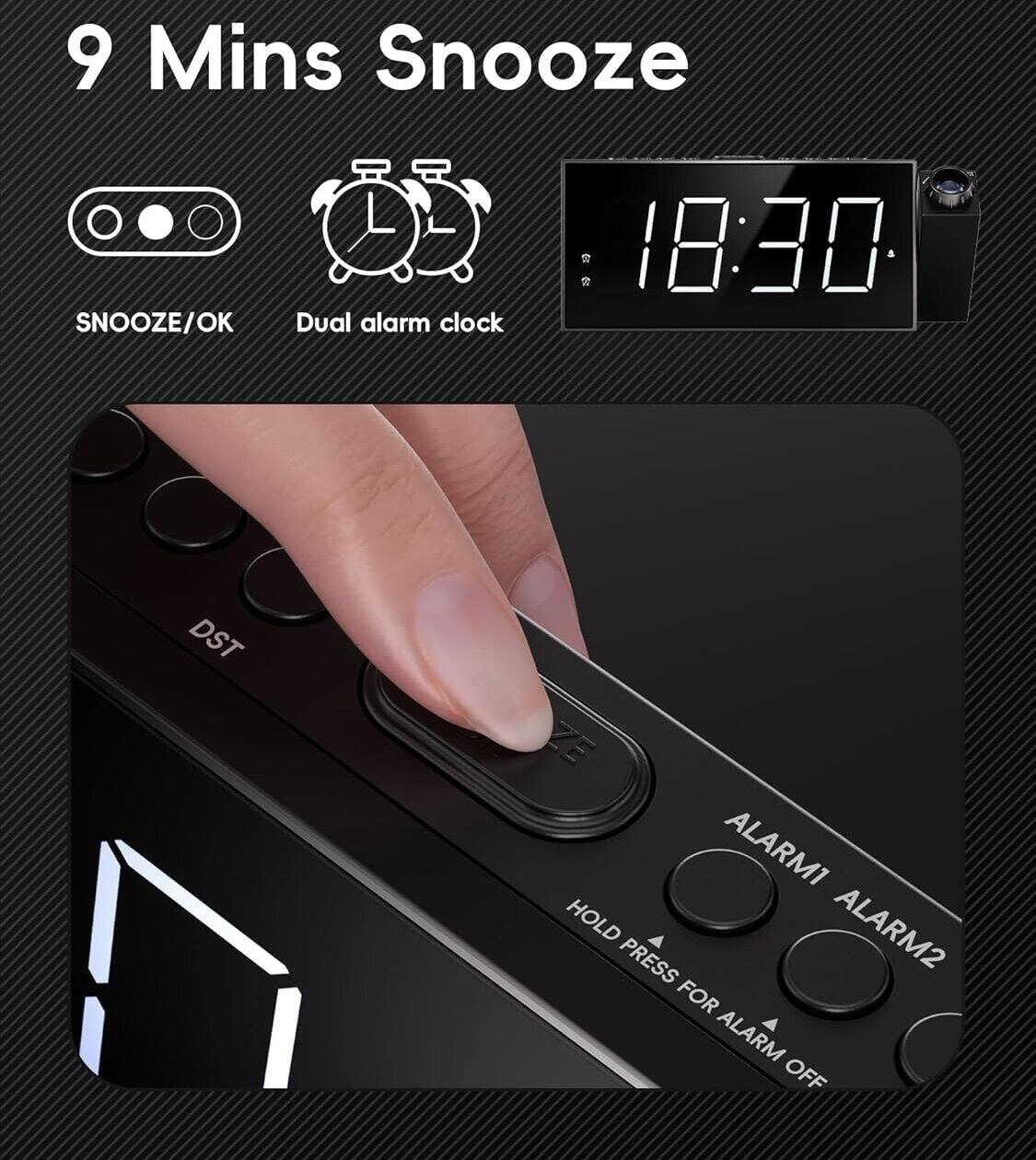 Alt View 2. Dazzed Corner - Digital Projector Alarm Clocks,Plug-in Clock,Battery Backup,USB Charging Port - Black.