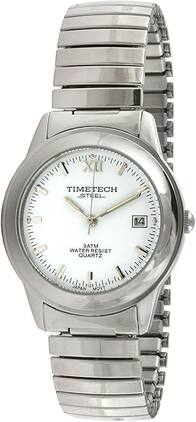 Timetech - Men's Water Resistant Round Stainless Steel White Dial Expansion Watch - Silver