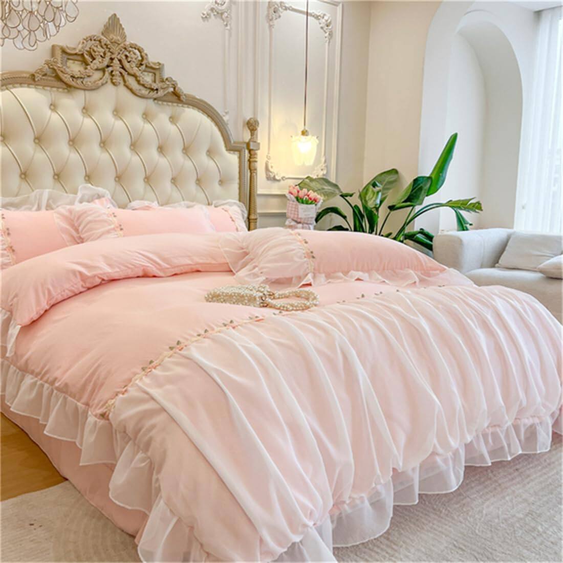 Alt View 3. Comfort Essence - Beddingromantic Ruffle Lace Bedding Set 2 Piece Comforter Duvet Cover With Zipper Closure Coquette Room - Pink-Twin.