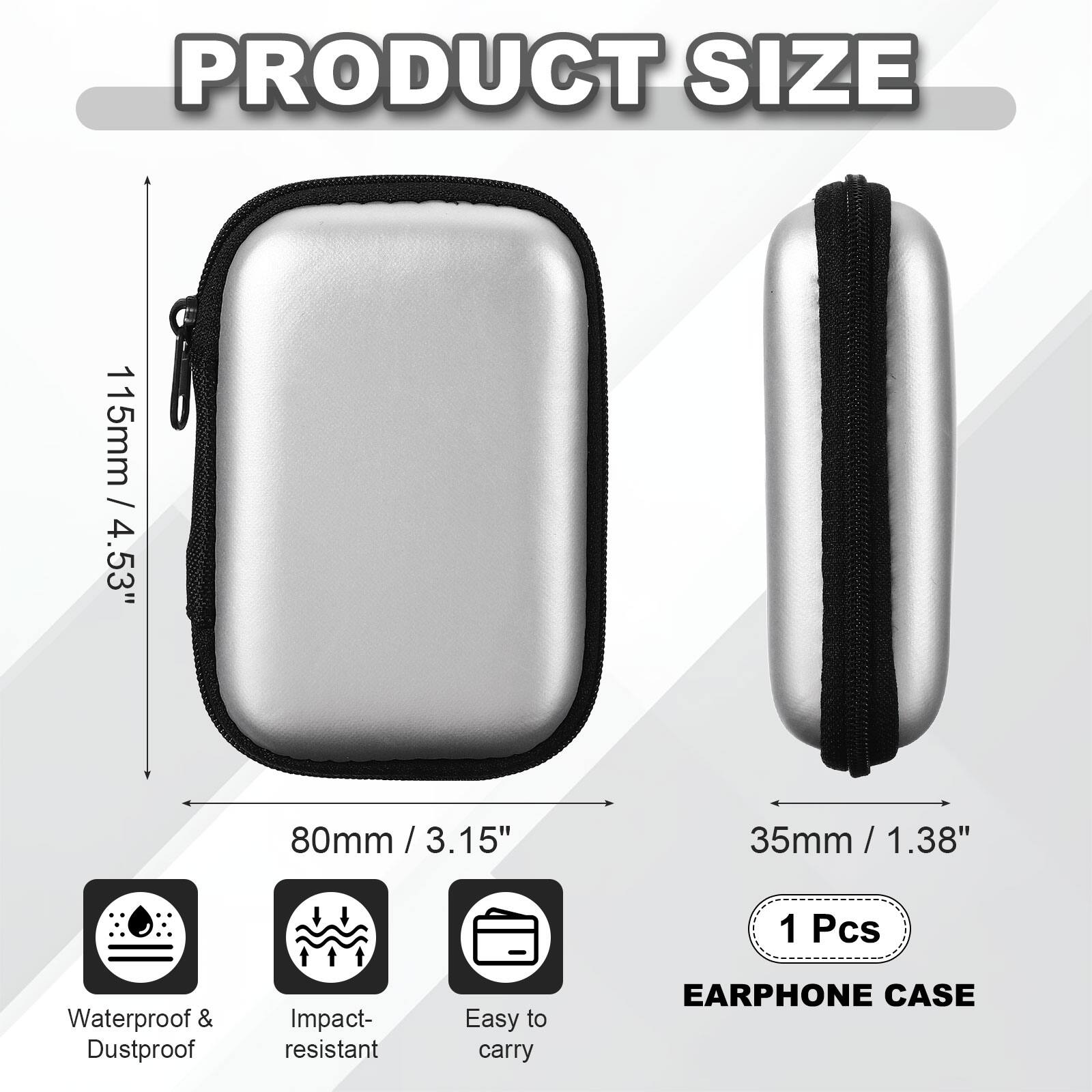 PRODUCT SIZE

115mm / 4.53"  
80mm / 3.15"  
35mm / 1.38"  

1 Pcs Waterproof & Dustproof Impact-resistant Easy to carry EARPHONE CASE
