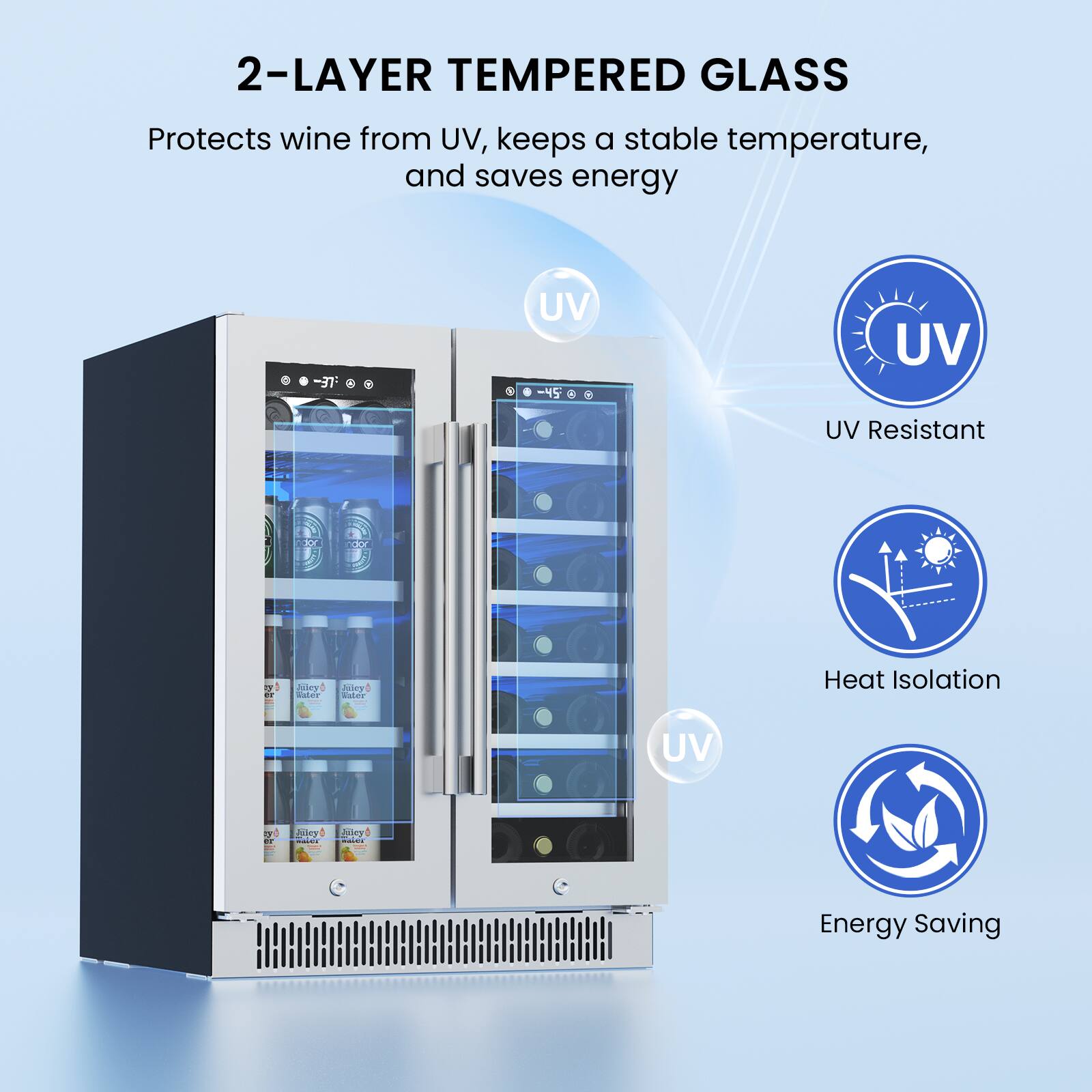 2-LAYER TEMPERED GLASS  
Protects wine from UV, keeps a stable temperature, and saves energy  

- UV Resistant  
- Heat Isolation  
- Energy Saving