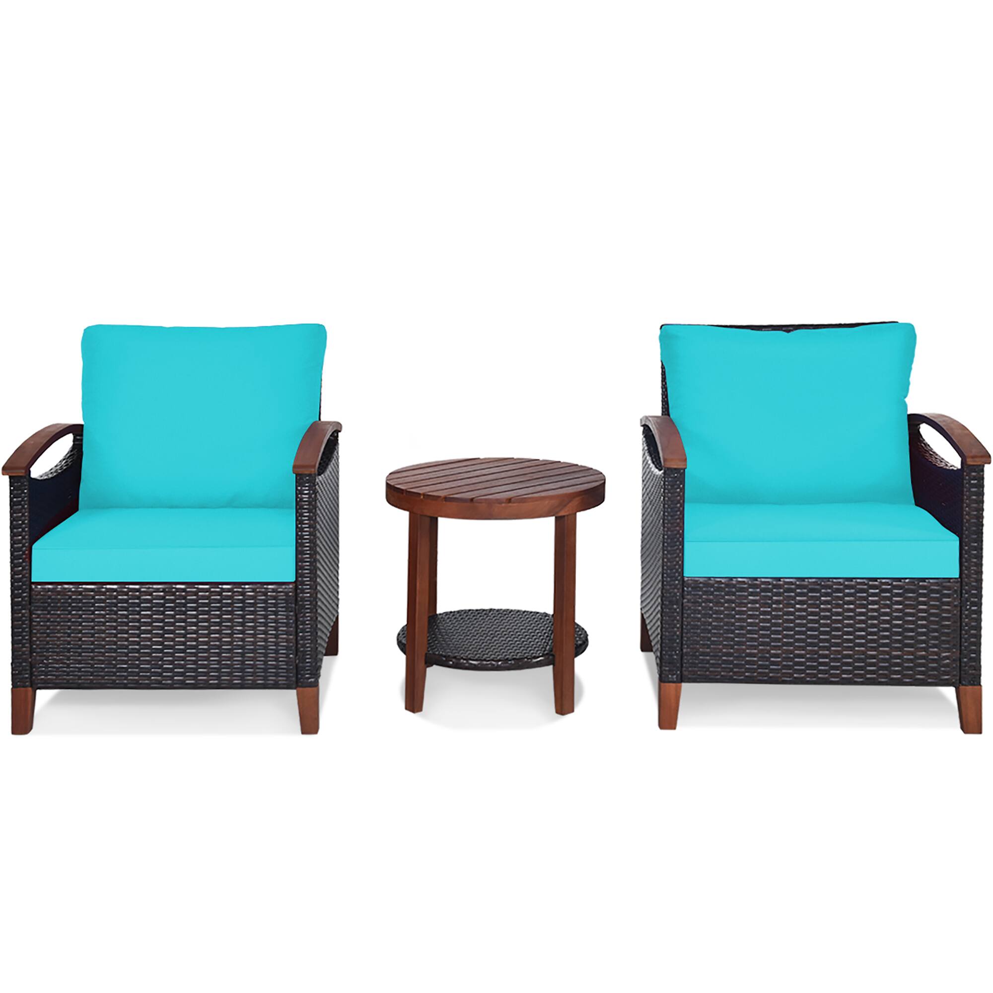 Alt View 9. Costway - Costway 3PCS Patio Rattan Furniture Set Wooden Frame Cushion Table Shelf - Turquoise.