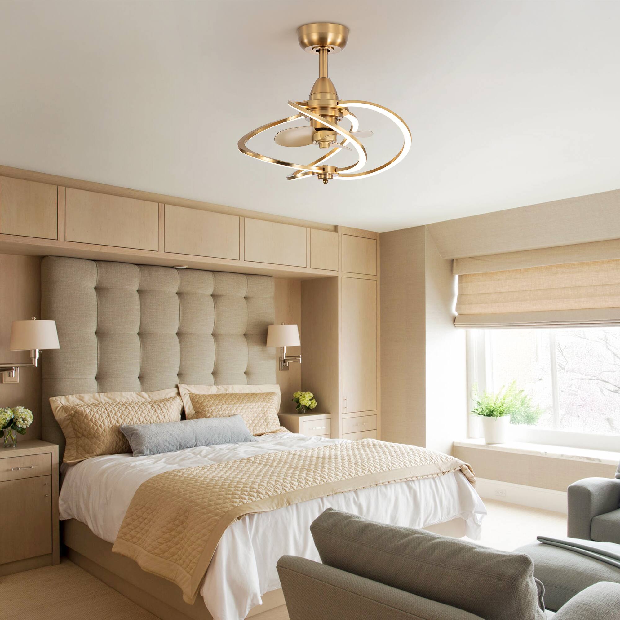 Back. Breezary - 20-Inch Indoor Gyro Cage Ceiling Fan with Light Kit, 3 ABS Blades, DC Motor, 6-Speed Remote Control, Timer, 6-In Downrod - Antique Brass with Gold-Copper.