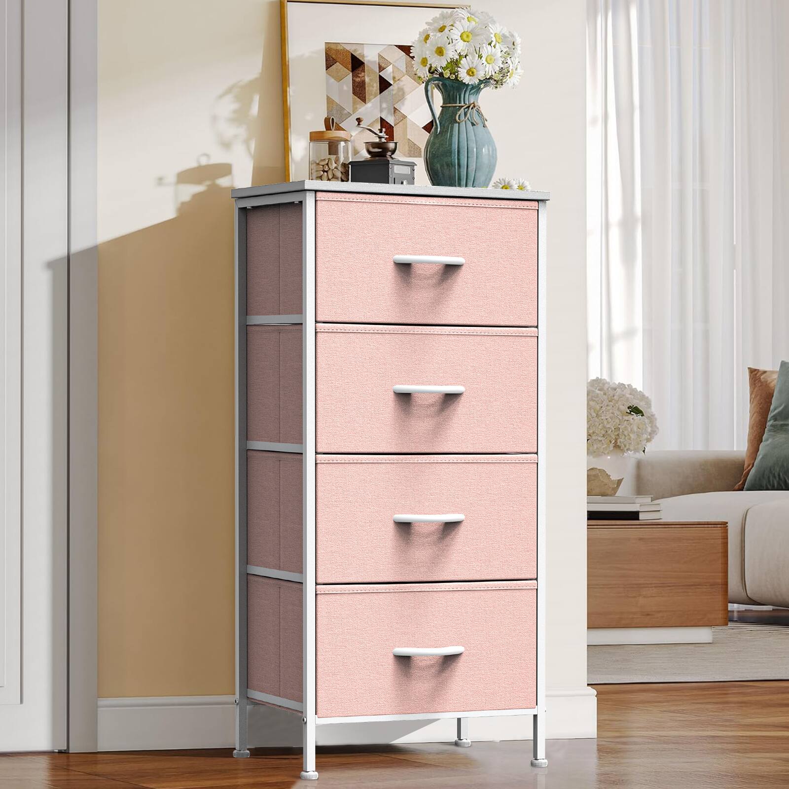 Front. AENKYO - 4 Drawers Dresser Fabric Chest of Drawers Clothing Organizer with Metal Frame - Pink.