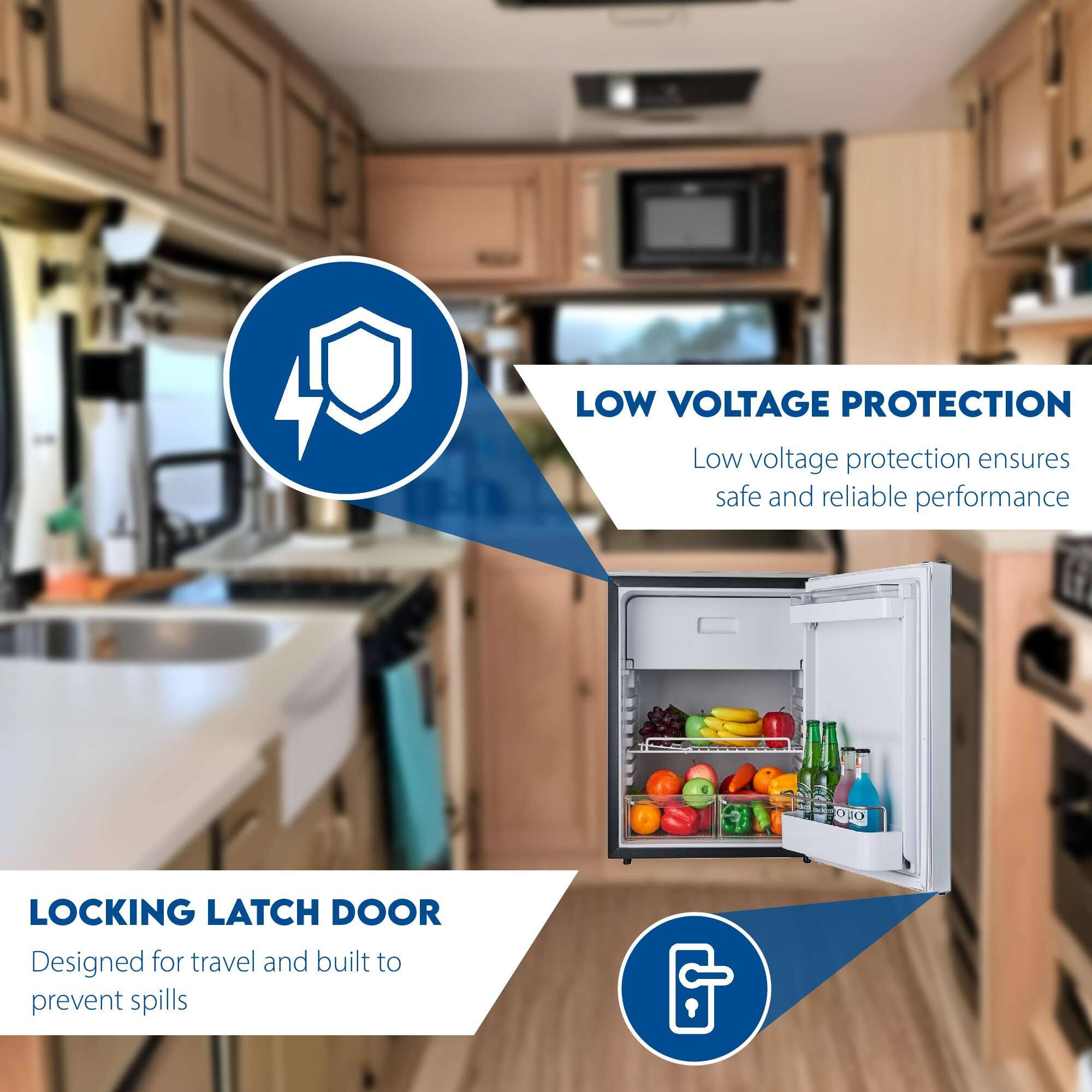 LOW VOLTAGE PROTECTION  
Low voltage protection ensures safe and reliable performance  

LOCKING LATCH DOOR  
Designed for travel and built to prevent spills