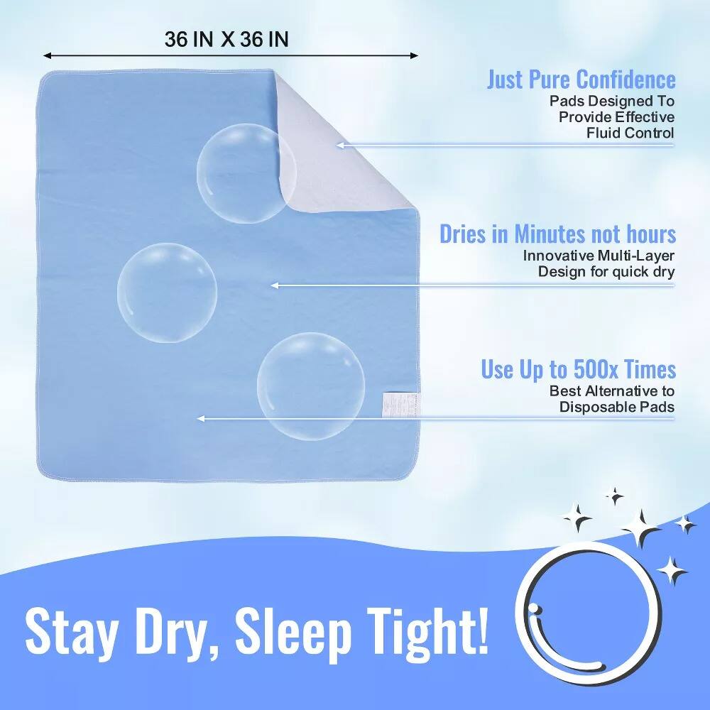 36 IN X 36 IN

Just Pure Confidence  
Pads Designed To Provide Effective Fluid Control

Dries in Minutes not hours  
Innovative Multi-Layer Design for quick dry

Use Up to 500x Times  
Best Alternative to Disposable Pads

Stay Dry, Sleep Tight!