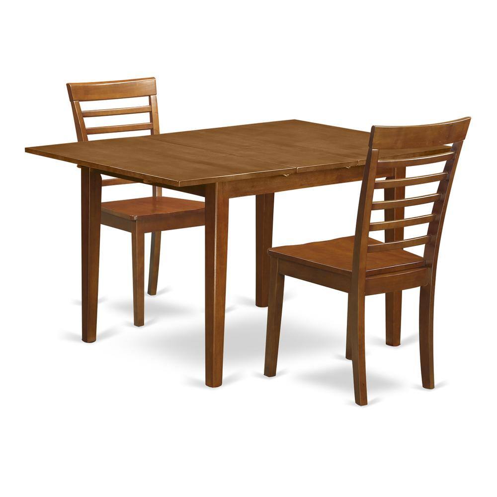 Front. East West Furniture - 3 Pc set Milan offering Leaf and 2 hard wood Kitchen Chairs in Saddle Brown . - Saddle Brown.