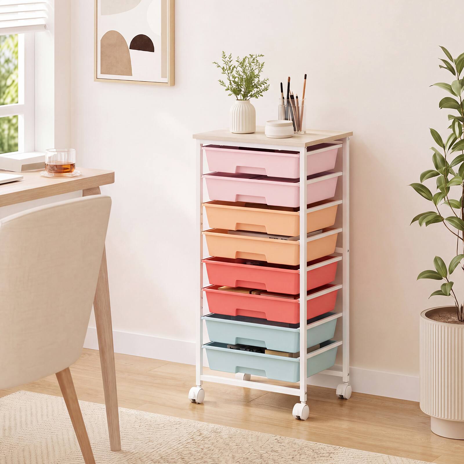 Alt View 3. Costway - Costway 8-Drawer Art & Craft Storage Cart, Storage Cart with 4 Universal Wheels, Metal Frame for Home 15"L - 15"L Macaron.