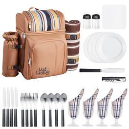 VEVOR - Picnic Backpack, Beach Picnic Backpack Bag for 4 Person with Insulated Cooler Compartment, Detachable Bottle/Wine Holder - Brown