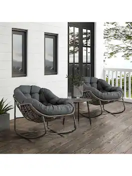 Trinkets Crazed - Outdoor Patio Rocking Chair Set Of 2,Comfy Wicker Rocker Chair With Padded Cushion,Oversized Rattan Papasan Egg Chair - Gray