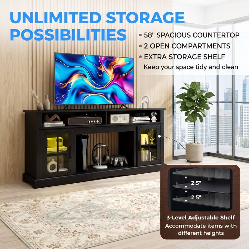 UNLIMITED STORAGE POSSIBILITIES

- 58" SPACIOUS COUNTERTOP
- 2 OPEN COMPARTMENTS
- EXTRA STORAGE SHELF
- Keep your space tidy and clean

2.5"
2.5"

3-Level Adjustable Shelf
Accommodate items with different heights