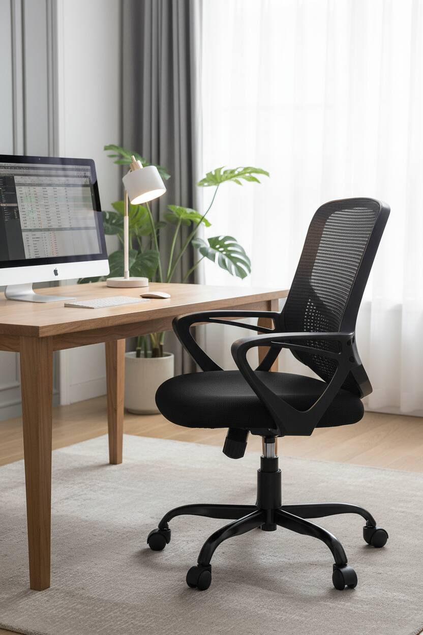 Angle. AOITUN - Ergonomic Office Chair for Long Work Hours, Black Mid-Back Seat with Adjustable Arms, Swivel Design, 300 lb Capacity - Black.