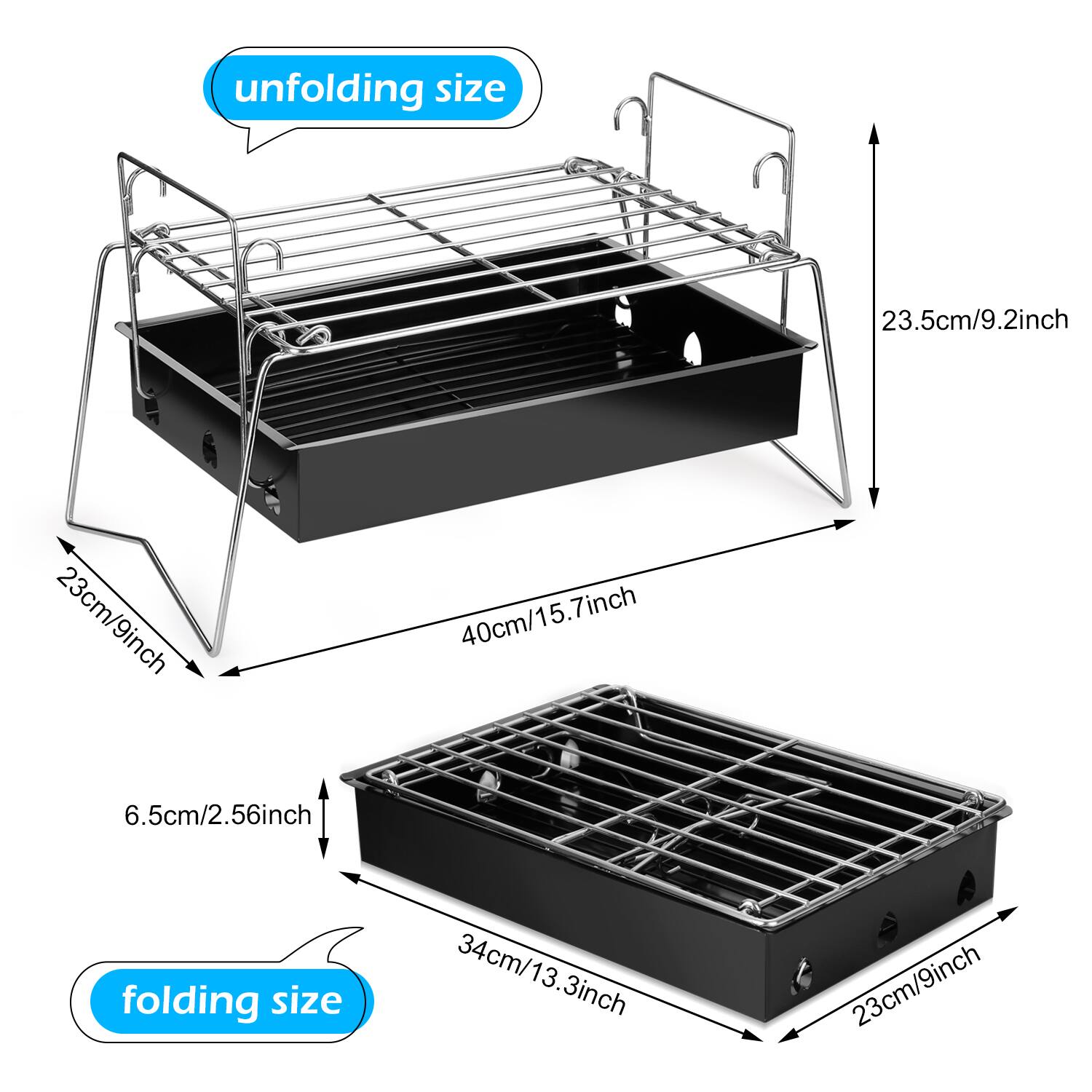 unfolding size: 23.5cm/9.2inch, 23cm/9inch, 40cm/15.7inch, 6.5cm/2.56inch
folding size: 34cm/13.3inch, 23cm/9inch