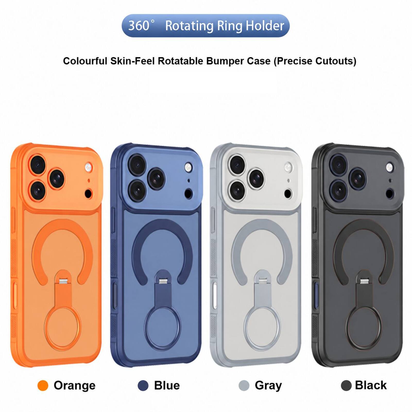 360 Rotating Ring Holder Colourful Skin-Feel Rotatable Bumper Case (Precise Cutouts) Orange Blue Gray Black