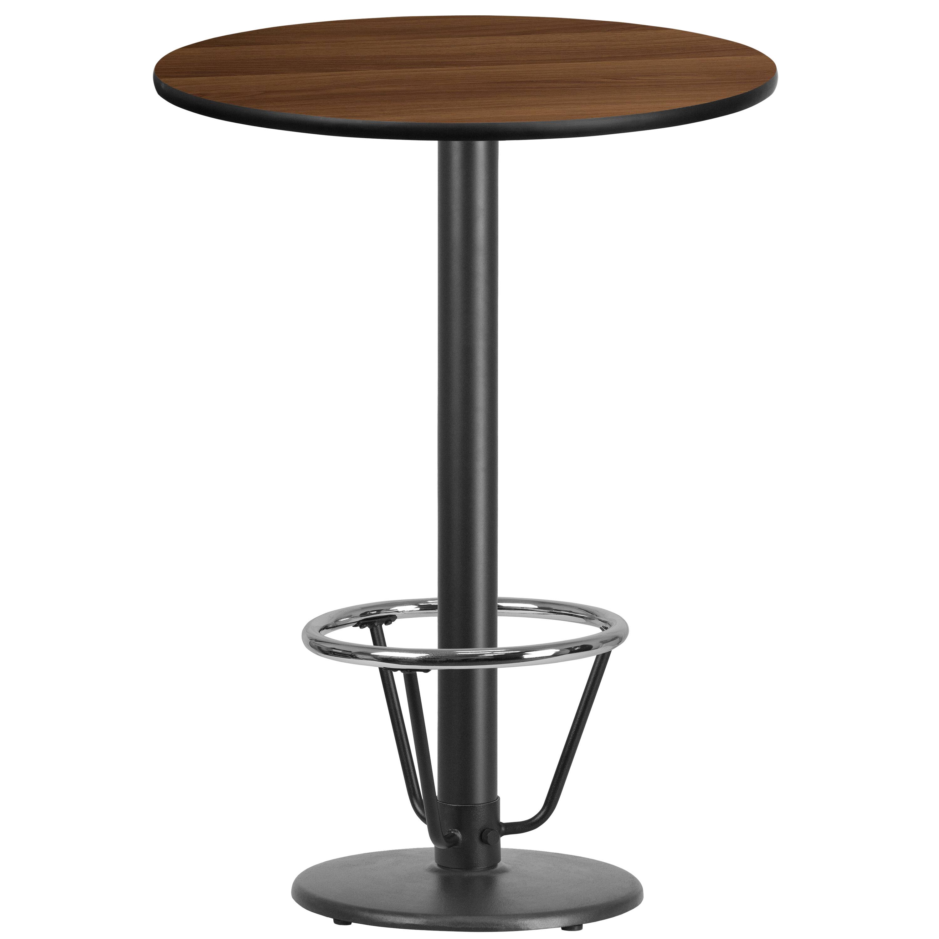 Front. Emma + Oliver - 30" Round Laminate Bar Table with 18" Round Foot Ring Base - Walnut.