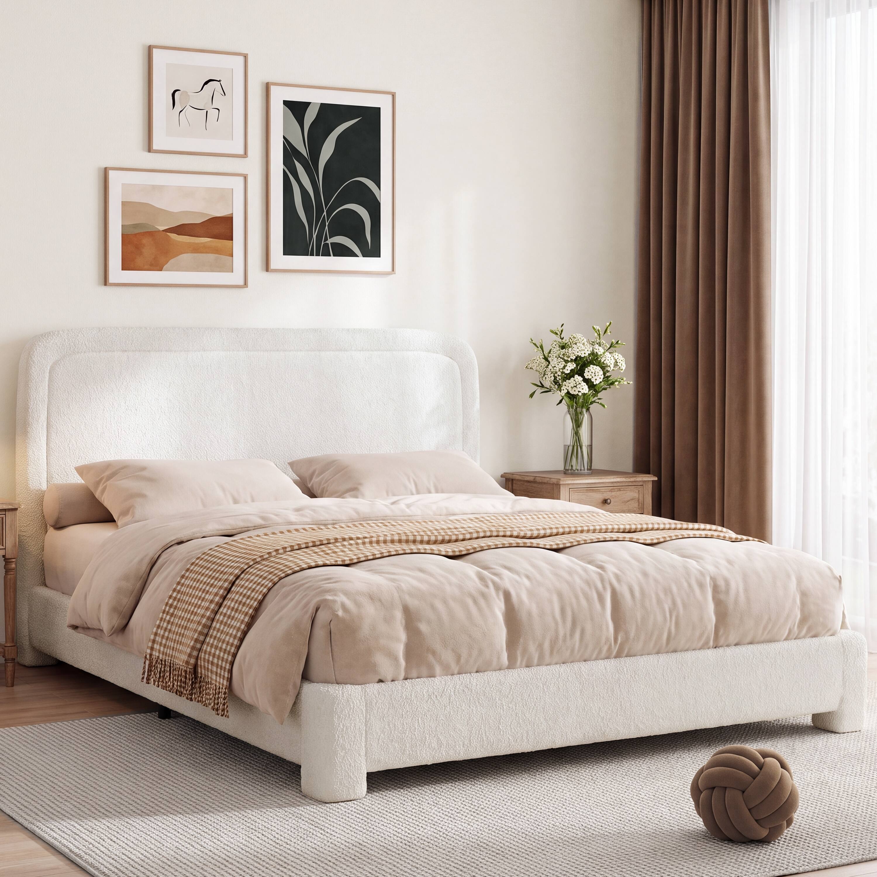 Alt View 6. Vipbear - F/Q/K Upholstered Bed Frame with Adjustable Headboard, Curved Sherpa Platform Bed Frame, No Box Spring Required - White.