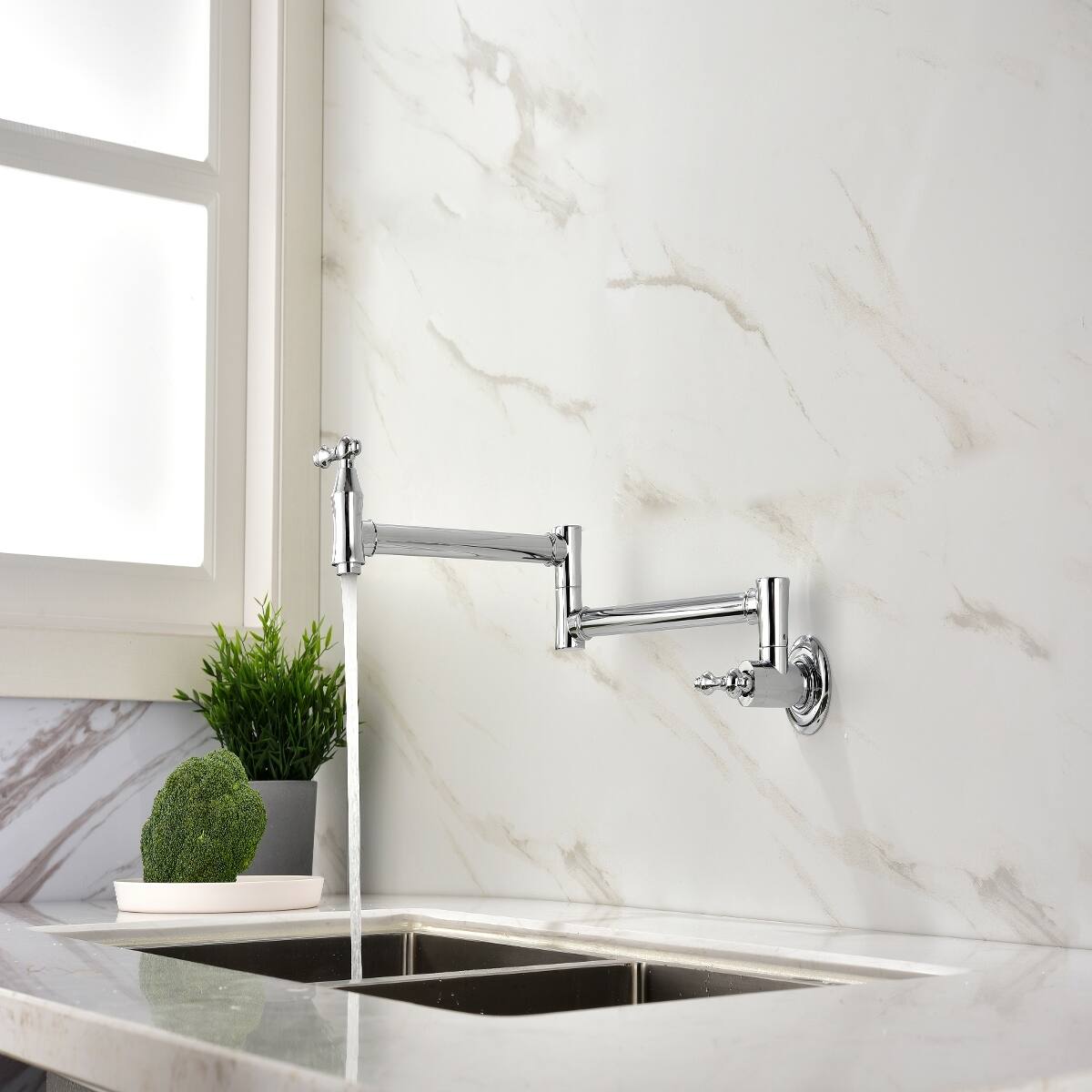 Alt View 2. Ropilly - Ropilly Wall Mount Pot Filler Faucet Chrome Brass Double Handle Swivel Arm Kitchen Faucet - Chrome.