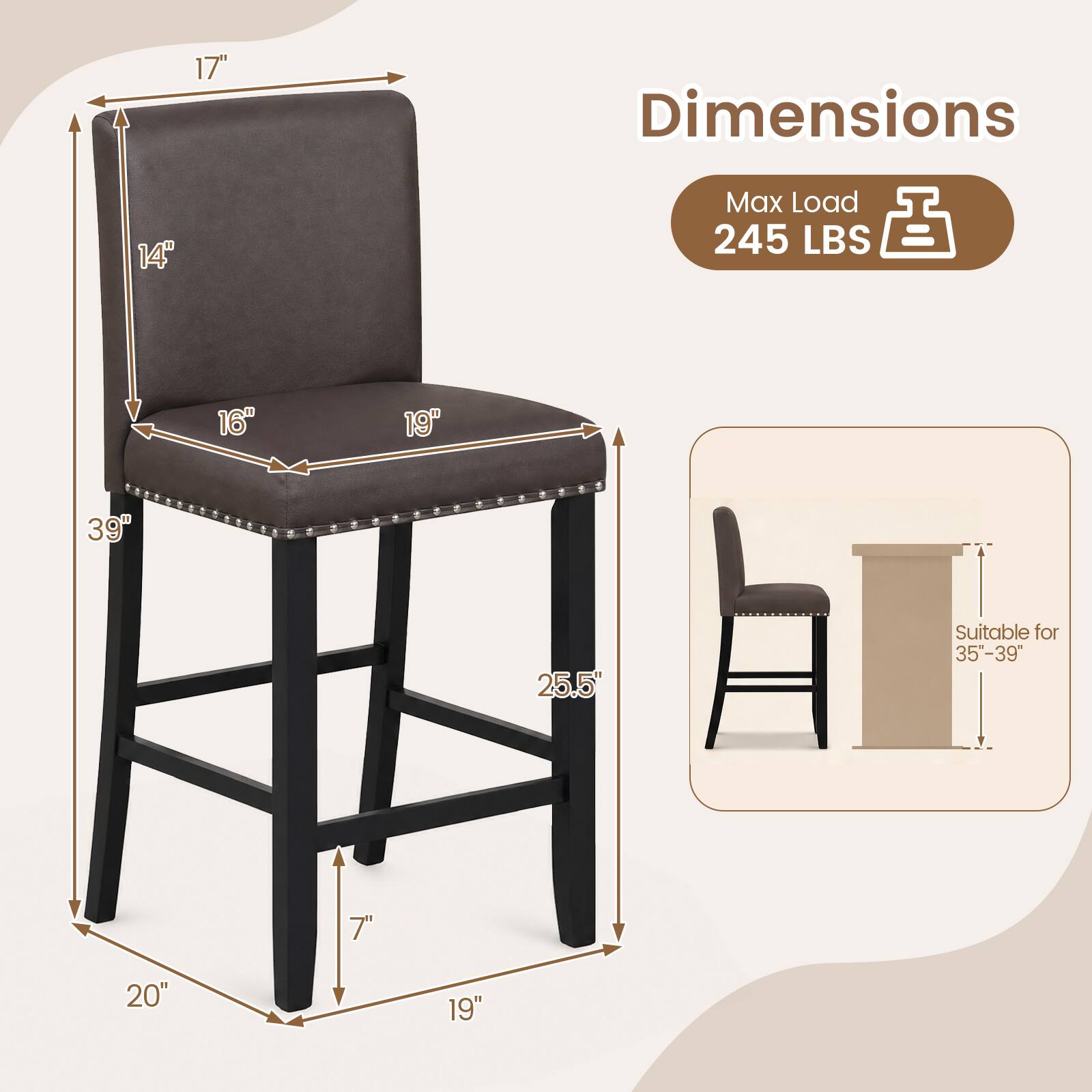 17" Dimensions 14" Max Load 245 LBS 16" 19" 39" 25.5" Suitable for 35-39" T 20" 19"