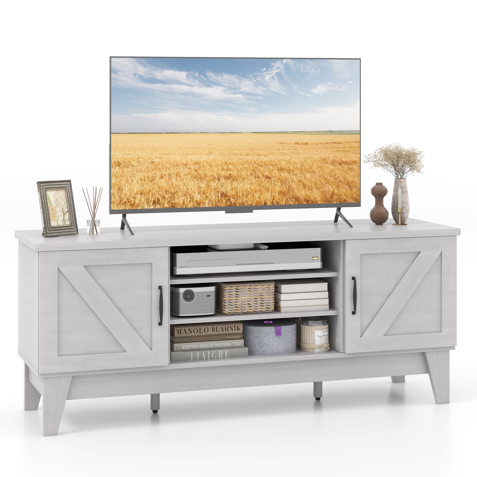 Ecooso - Farmhouse TV Stand for TVs up to 65 Inch with 2 Barn Door Cabinets - White