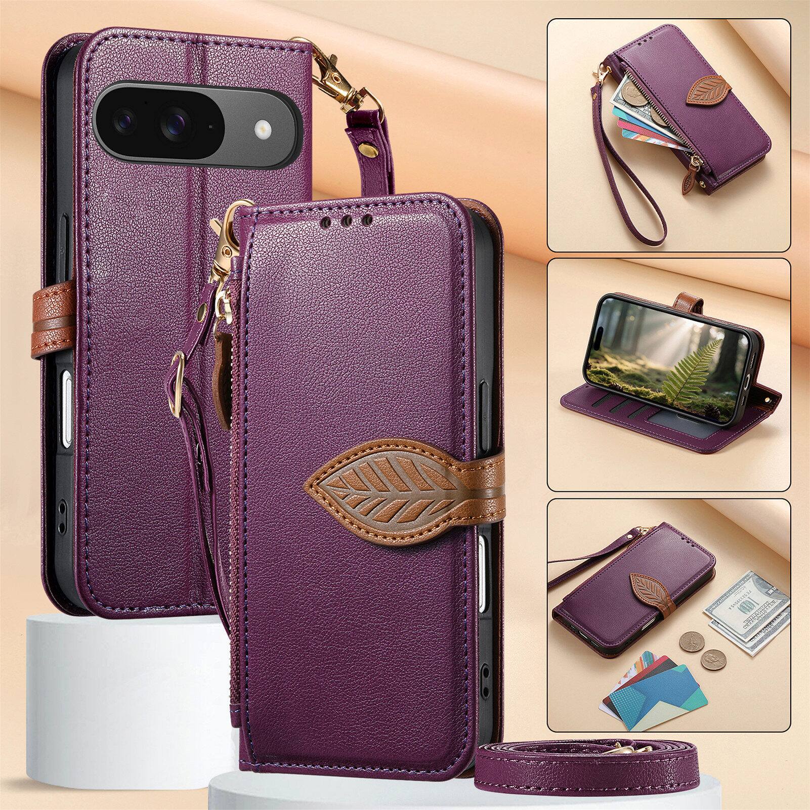 Alt View 5. Dteck - Case for Google Pixel 11 Pro/11 Shockproof Flip PU Leather Zipper Card Slot Leaf Magnetic Buckle Wallet Cover With Strap - Purple.