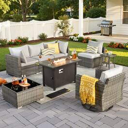 Ovios - 8 PCS Patio Furniture Set with 42" Fire Pit Table, Outdoor Sectional Sofa with Coffee Table - Gray