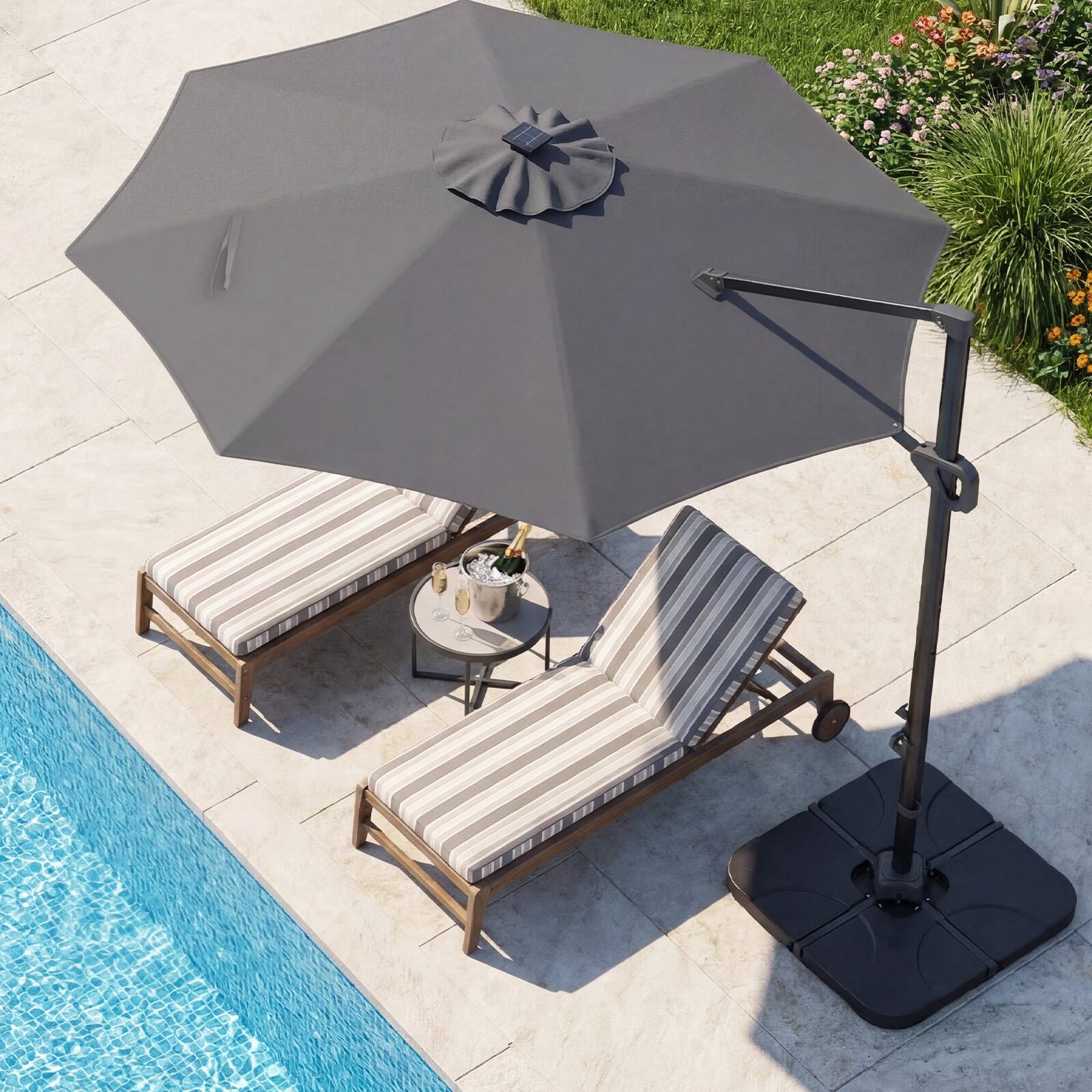Alt View 4. Costway - Costway 10 FT Cantilever Patio Umbrella with 35 Solar LED Lights 220 LBS Base 360° Rotation - Gray + Black.