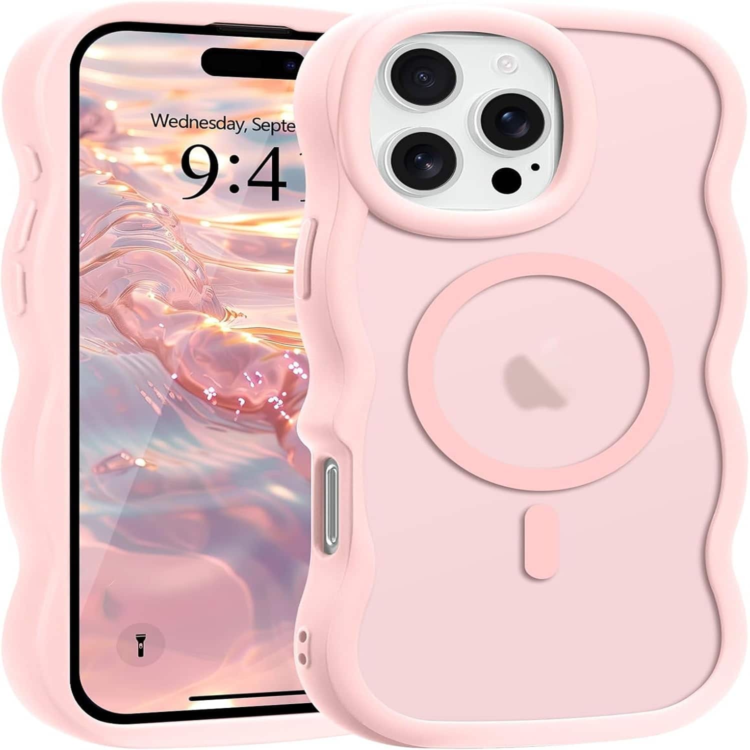 iPhone 16 Pro Max Case, Curly Wavy Frame Hard Translucent Matte Clear Back Cover - Pink