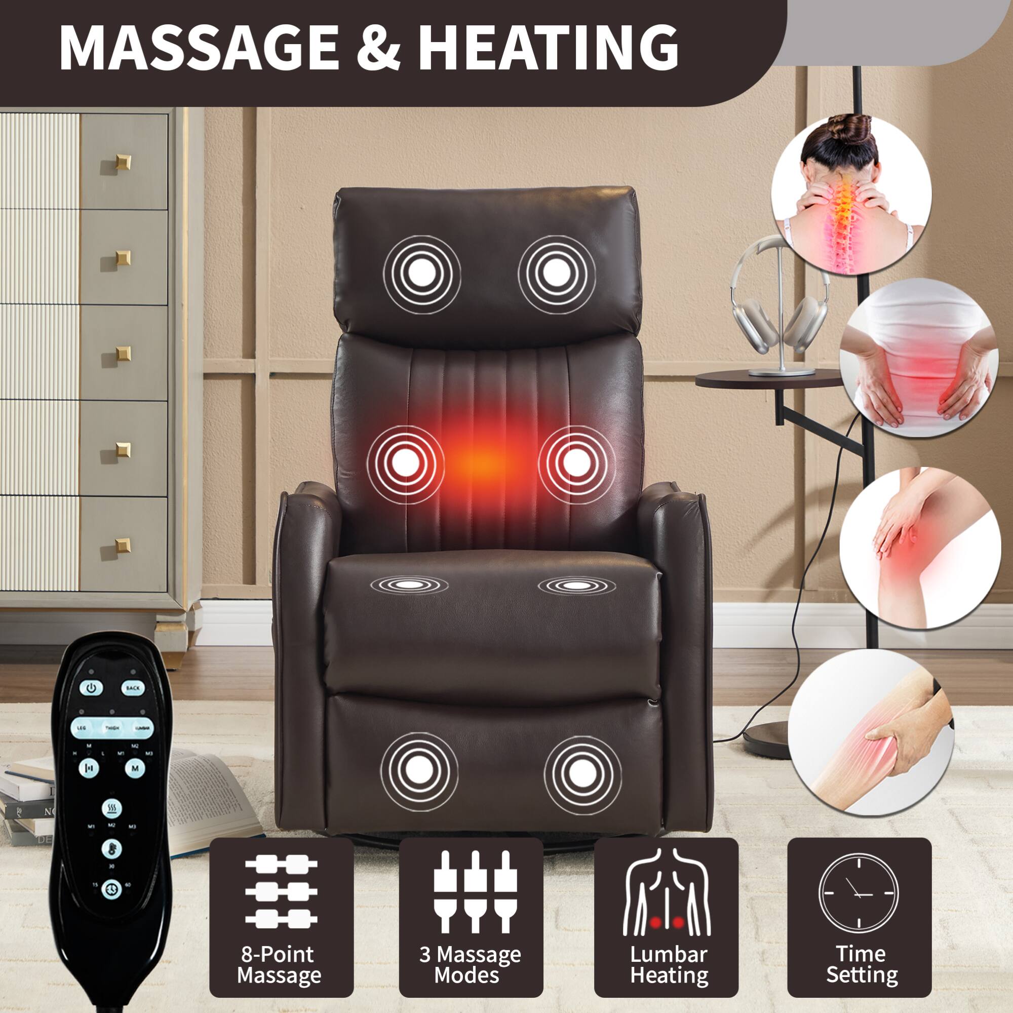 MASSAGE & HEATING

8-Point Massage  
3 Massage Modes  
Lumbar Heating  
Time Setting