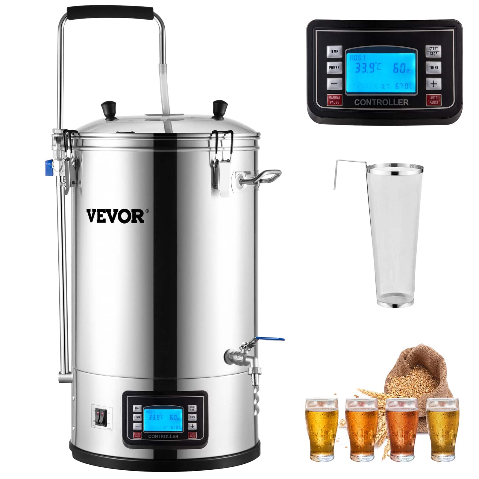 VEVOR - Electric Brewing System, 9.2 Gal/35 L Brewing Pot, All-in-One Home Beer Brewer with Pump,100-1800W Power - Silver