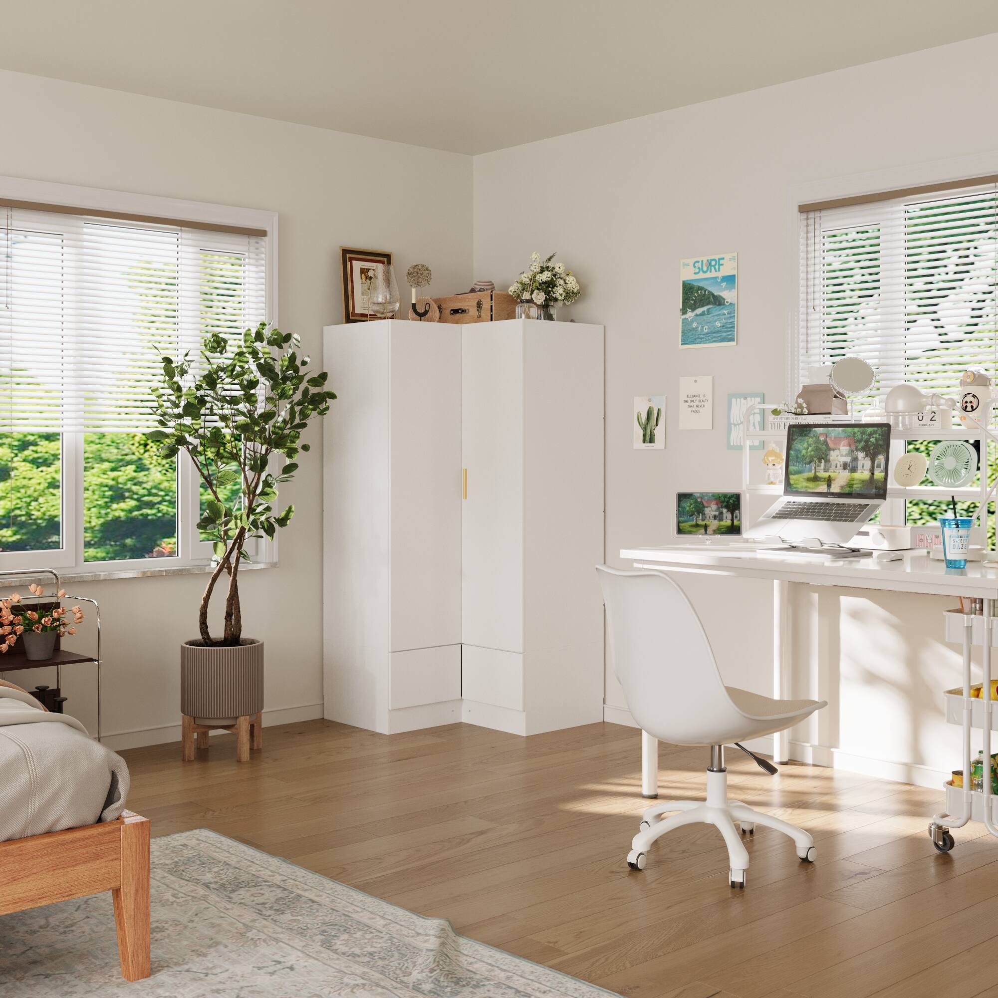 Alt View 8. FUFU&GAGA - L Shaped Corner Wardrobe Closet Armoire with Hanging Rod Shelves and Drawers Space Saving Bedroom Storage Organizer - White.