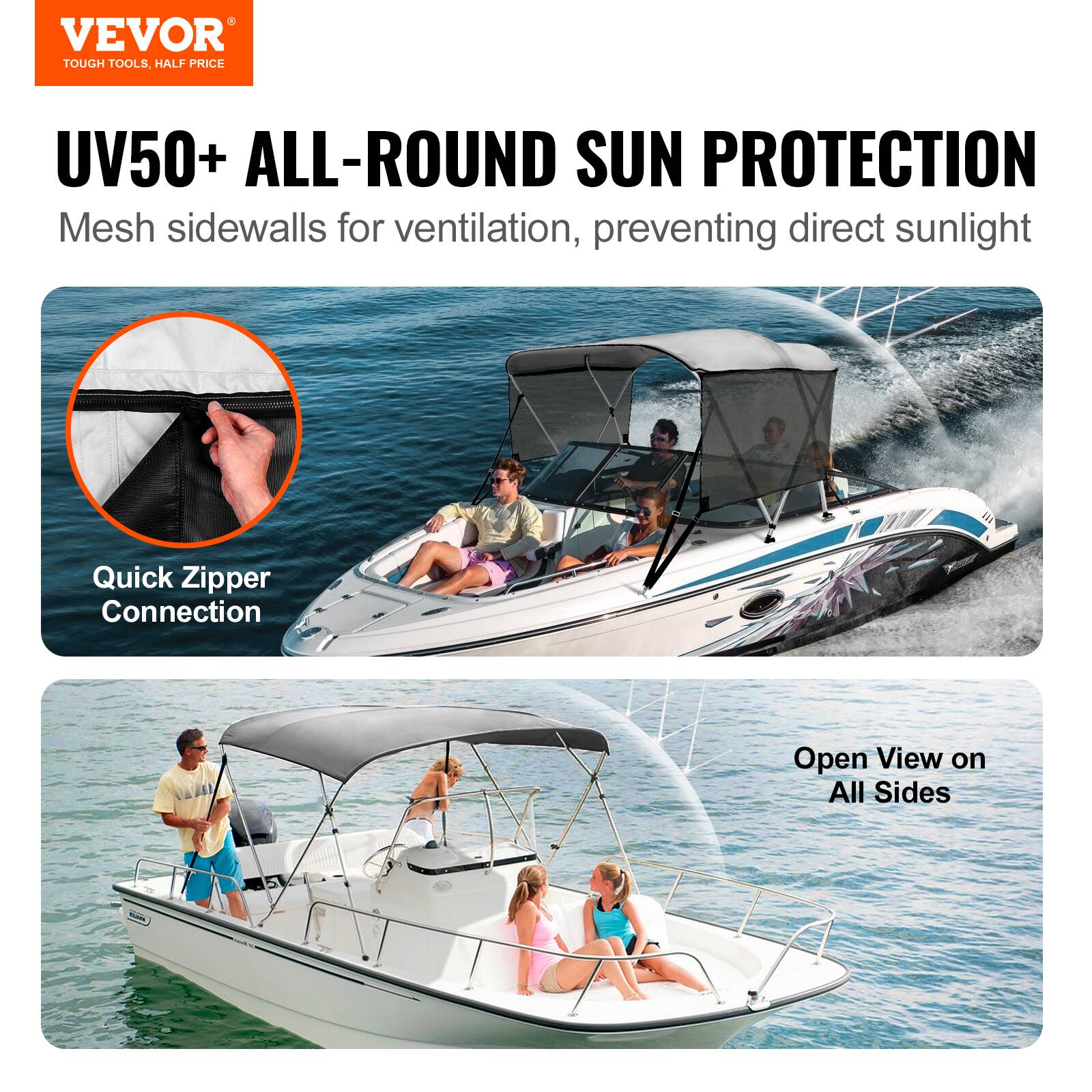 VEVOR  
TOUGH TOOLS, HALF PRICE  

UV50+ ALL-ROUND SUN PROTECTION  
Mesh sidewalls for ventilation, preventing direct sunlight  

Quick Zipper Connection  

Open View on All Sides