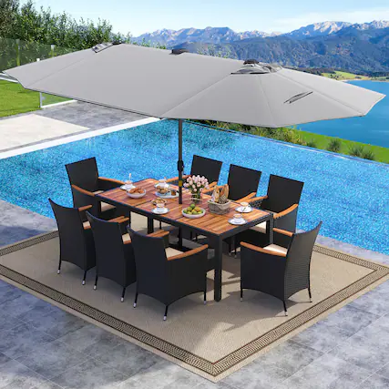 Front. Gymax - Gymax Set Of 11 Patio Dining Set w/ 15ft Double-Sided Patio Umbrella (Base Included) Gray - Gray.