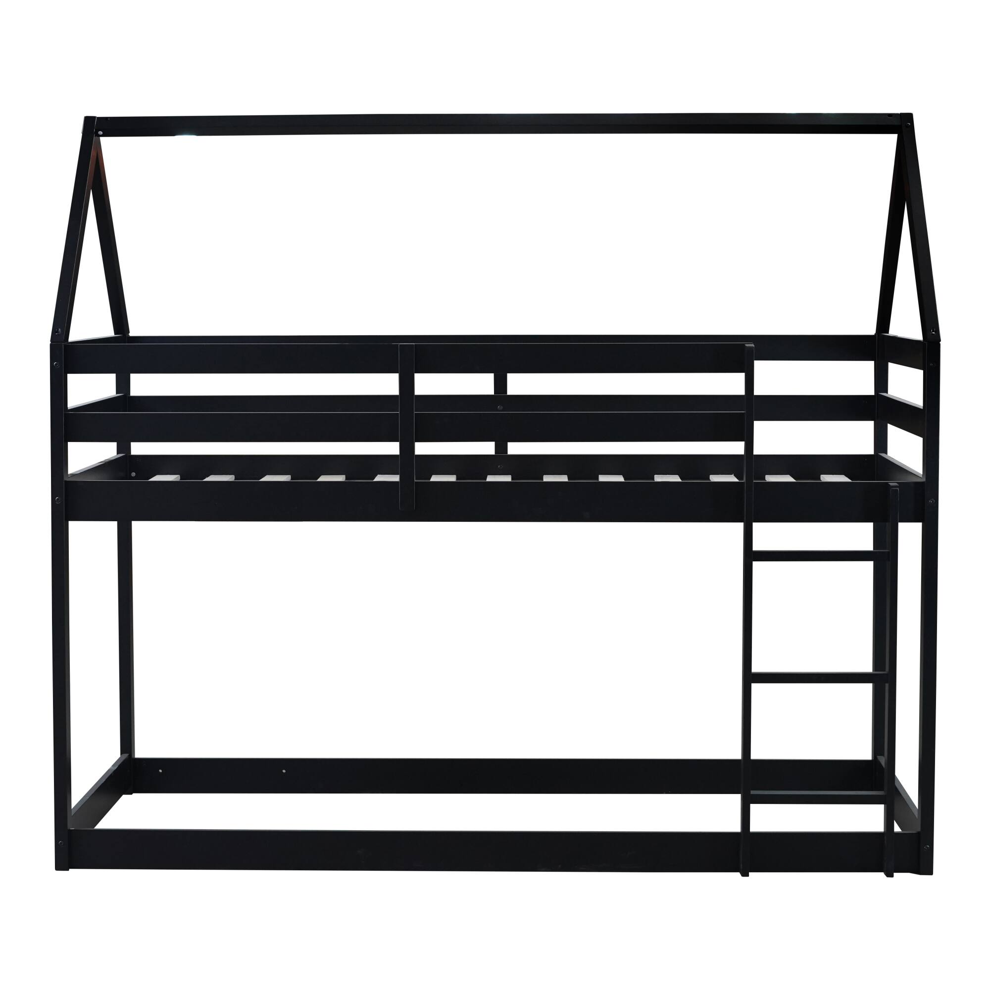 Back. GOODSILO - House-Shaped Twin Over Twin Rubber Wood Bunk Bed with Ladder and Guardrails for Kids - Black.