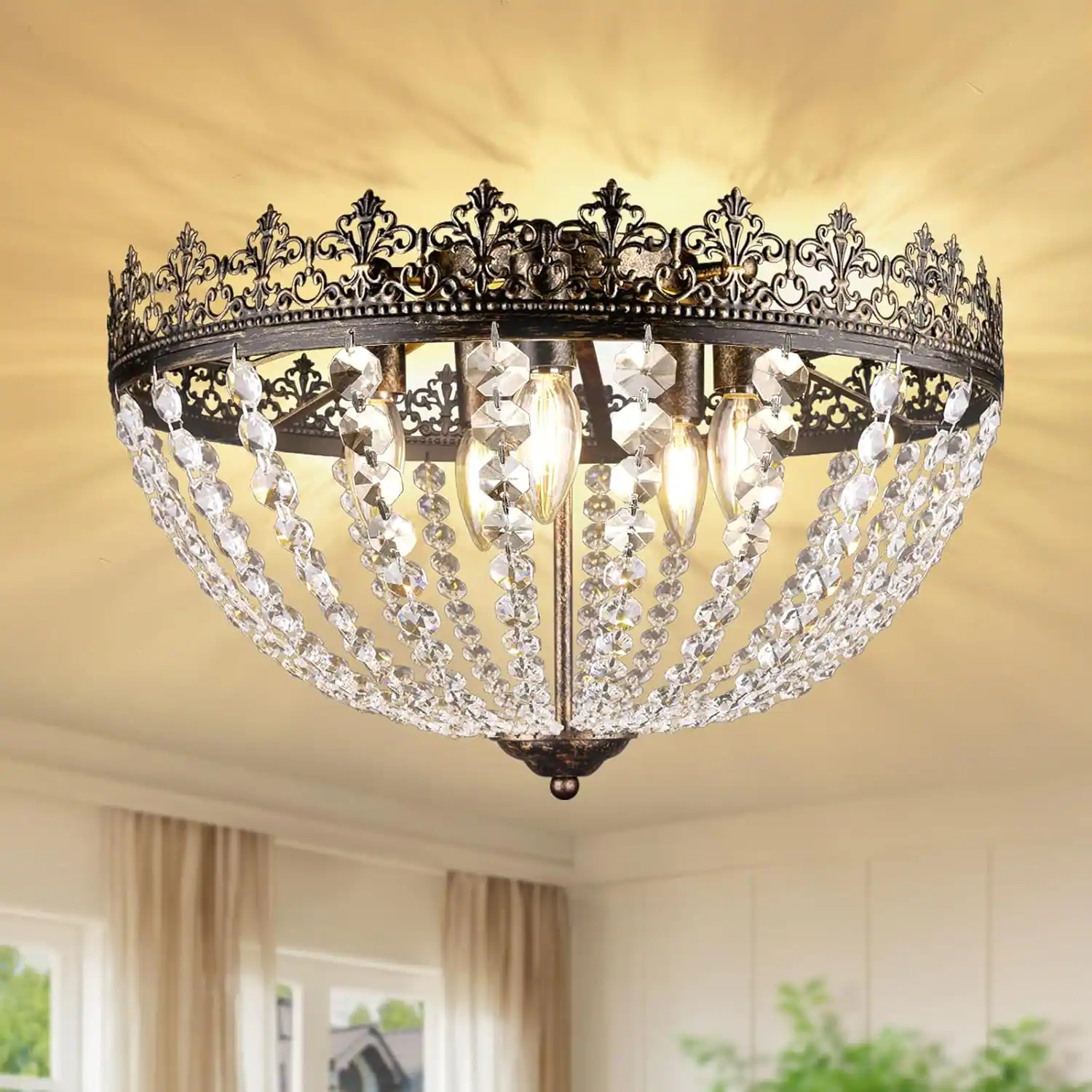 Nordic Hygge - Crystal Chandelier for Bedroom, 5-Light K9 Crystal Semi Flush Mount Ceiling Light, 18.5’’ Vintage Ceiling Light - Bronze