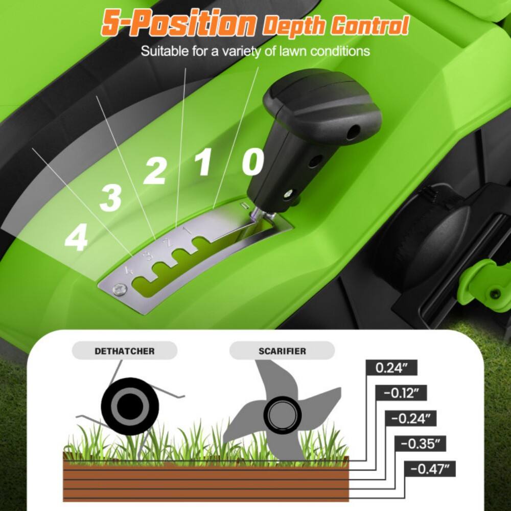 5-Position Depth Control  
Suitable for a variety of lawn conditions  

0.24"  
-0.12"  
-0.24"  
-0.35"  
-0.47"  

DETHATCHER  
SCARIFIER
