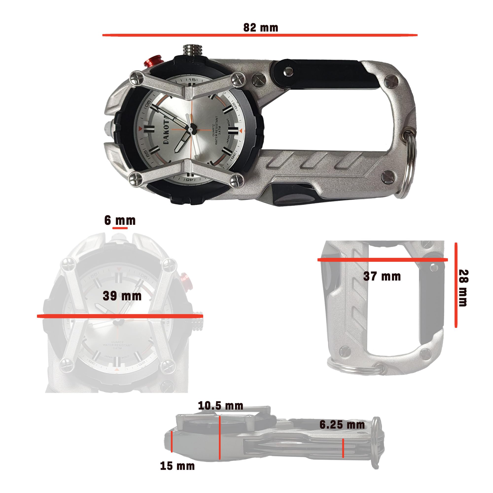 Dakota Multitool Clip Watch for Men–|100ft Water Resistant Clip On