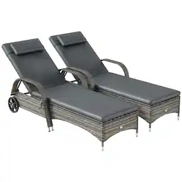 Outsunny - Reclining Chaise Lounge Chairs, Rolling Outdoor Chairs with Cushion, Pillow, Headrest, Armrests - Mixed Gray and Gray