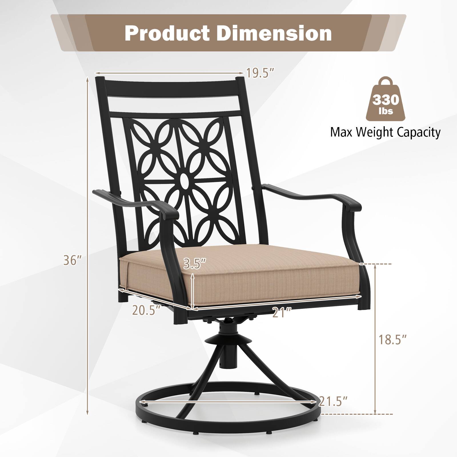 Product Dimension

- Height: 36"
- Width: 20.5"
- Depth: 21"
- Seat Height: 18.5"
- Seat Depth: 21.5"
- Back Height: 19.5"
- Seat Cushion Thickness: 3.5"

Max Weight Capacity: 330 lbs