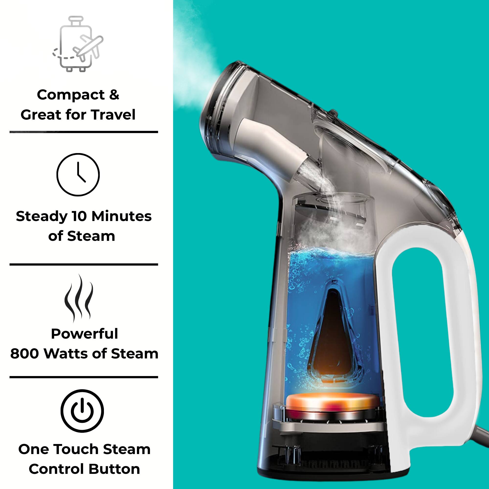 Compact & Great for Travel  
Steady 10 Minutes of Steam  
Powerful 800 Watts of Steam  
One Touch Steam Control Button