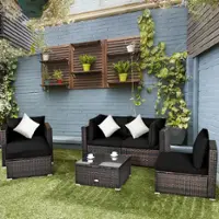Costway 6PCS Patio Rattan Furniture Set Cushion Sofa Coffee Table Ottoman - Black - Front_Zoom
