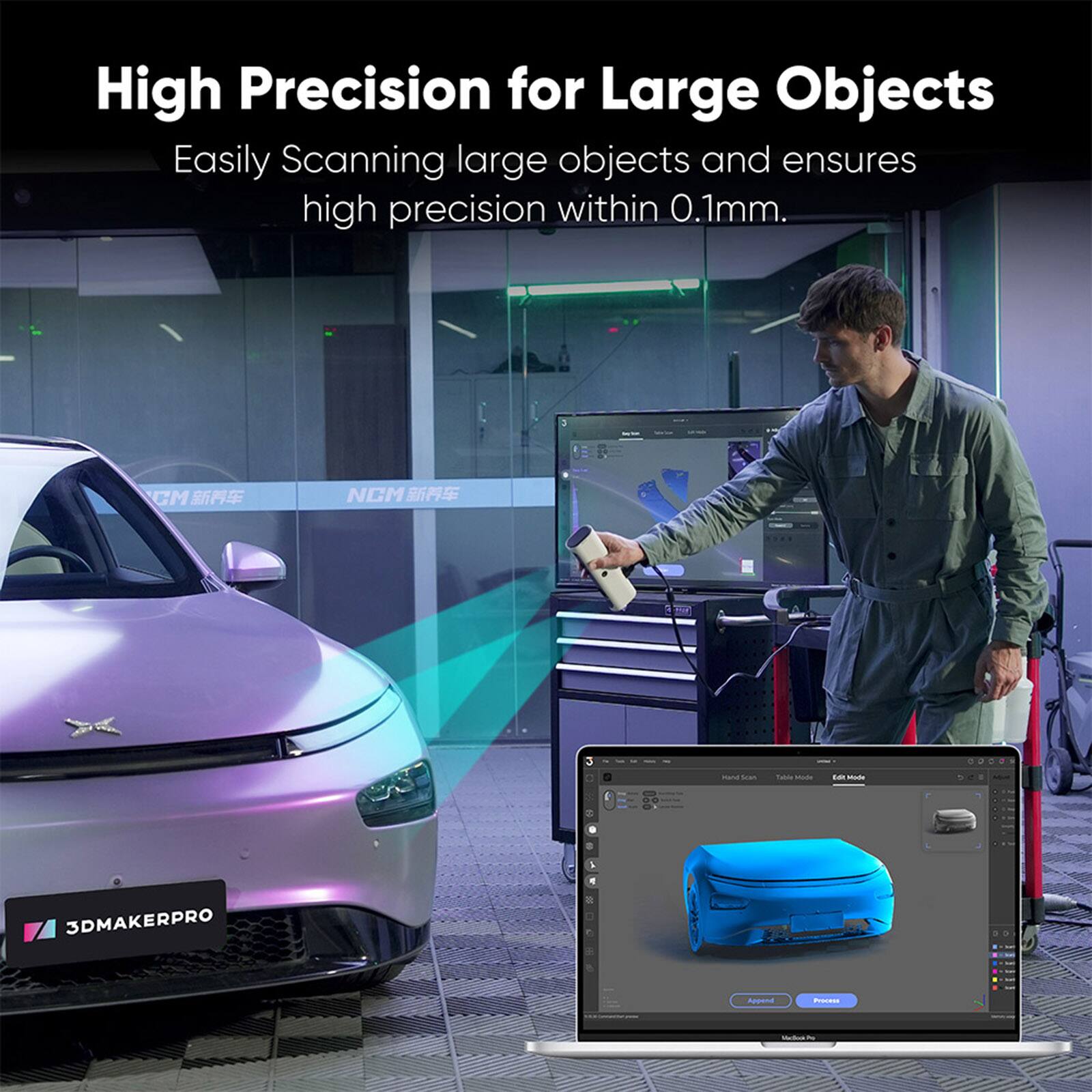 High Precision for Large Objects: Easily scan large objects and ensure high precision within 0.1mm.