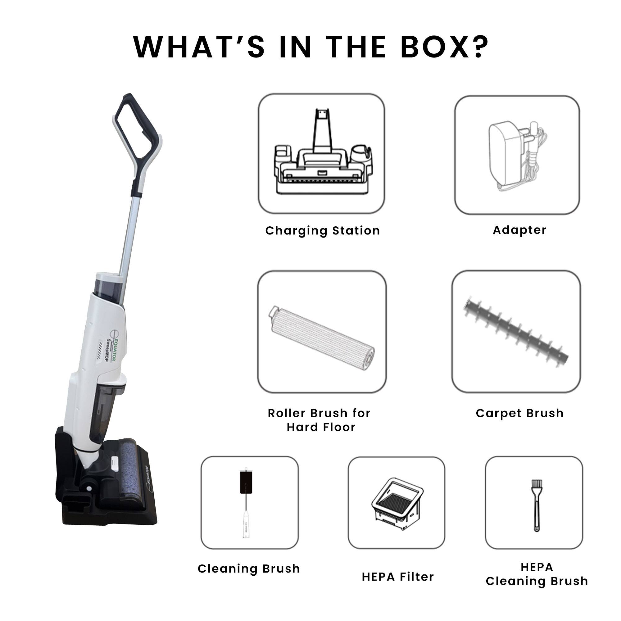 WHAT'S IN THE BOX? Charging Station Adapter Roller Brush for Hard Floor Carpet Brush Cleaning Brush HEPA Filter HEPA Cleaning Brush