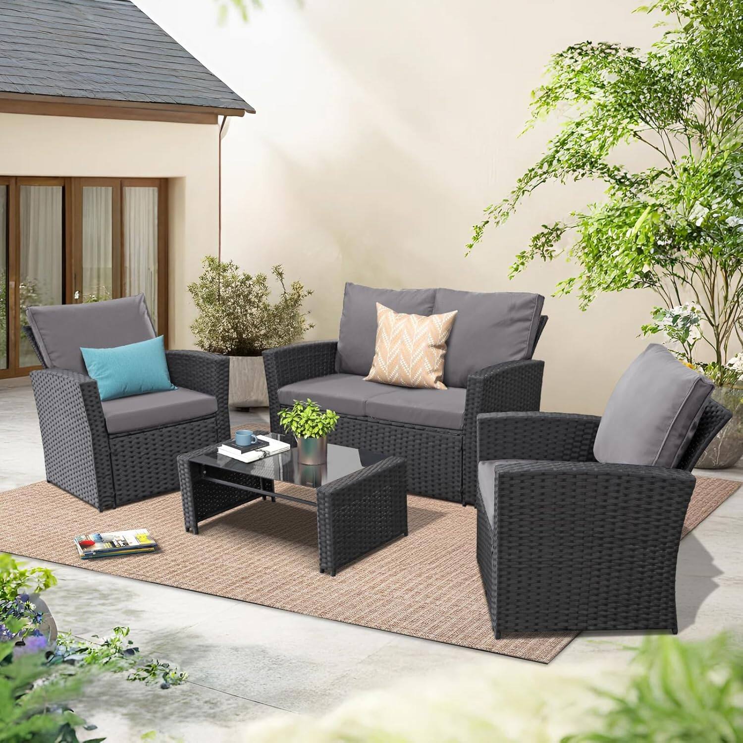 Angle. Ainfox - Ainfox 4 Piece Outdoor Patio Furniture Sets, Wicker Conversation Sectional Set for Balcony Porch Backyard - gray.