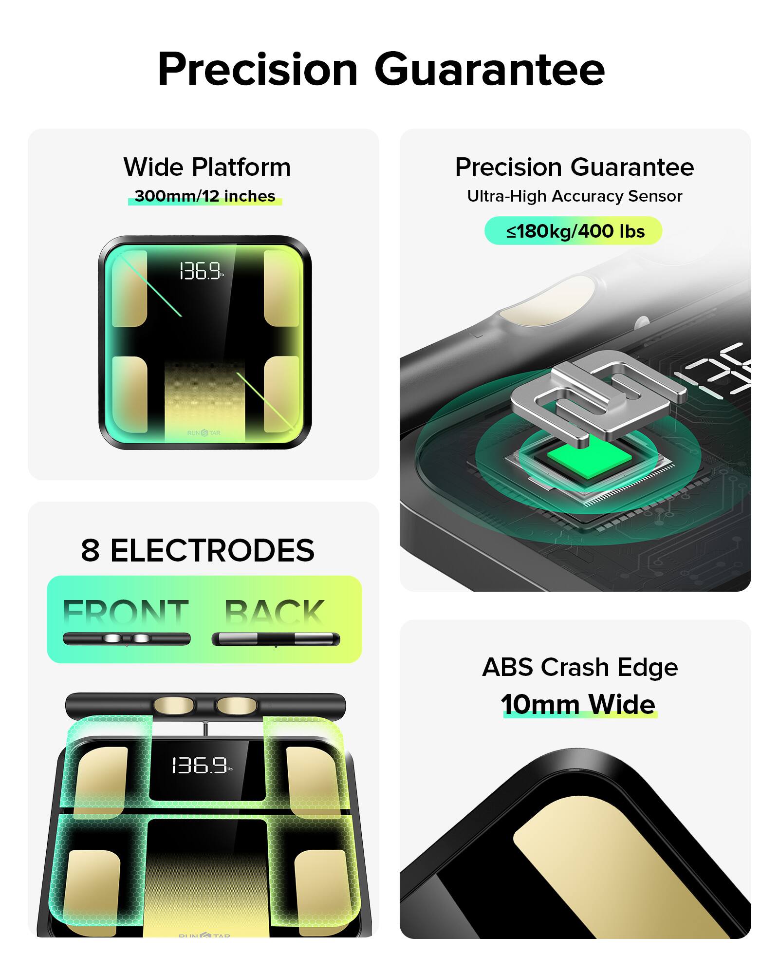 Precision Guarantee

- Wide Platform
  - 300mm/12 inches

- Precision Guarantee
  - Ultra-High Accuracy Sensor
  - ≤180kg/400 lbs

- 8 ELECTRODES
  - FRONT BACK

- ABS Crash Edge
  - 10mm Wide