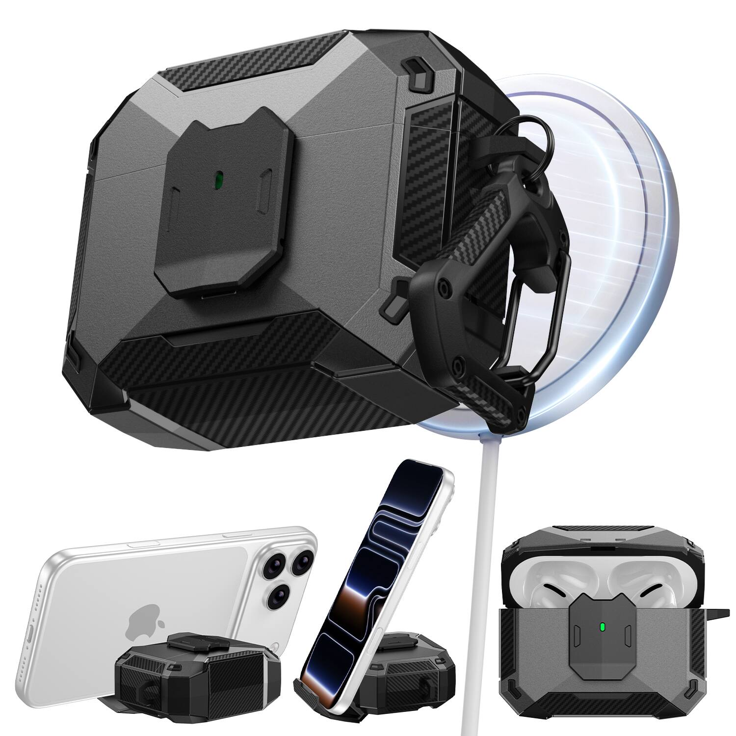Front. UUCOVER - Safety Lock Case for Airpods Pro 3rd Gen (2025) Shockproof TPU+PC Cover Phone Stand Function with Carabiner - Gray.