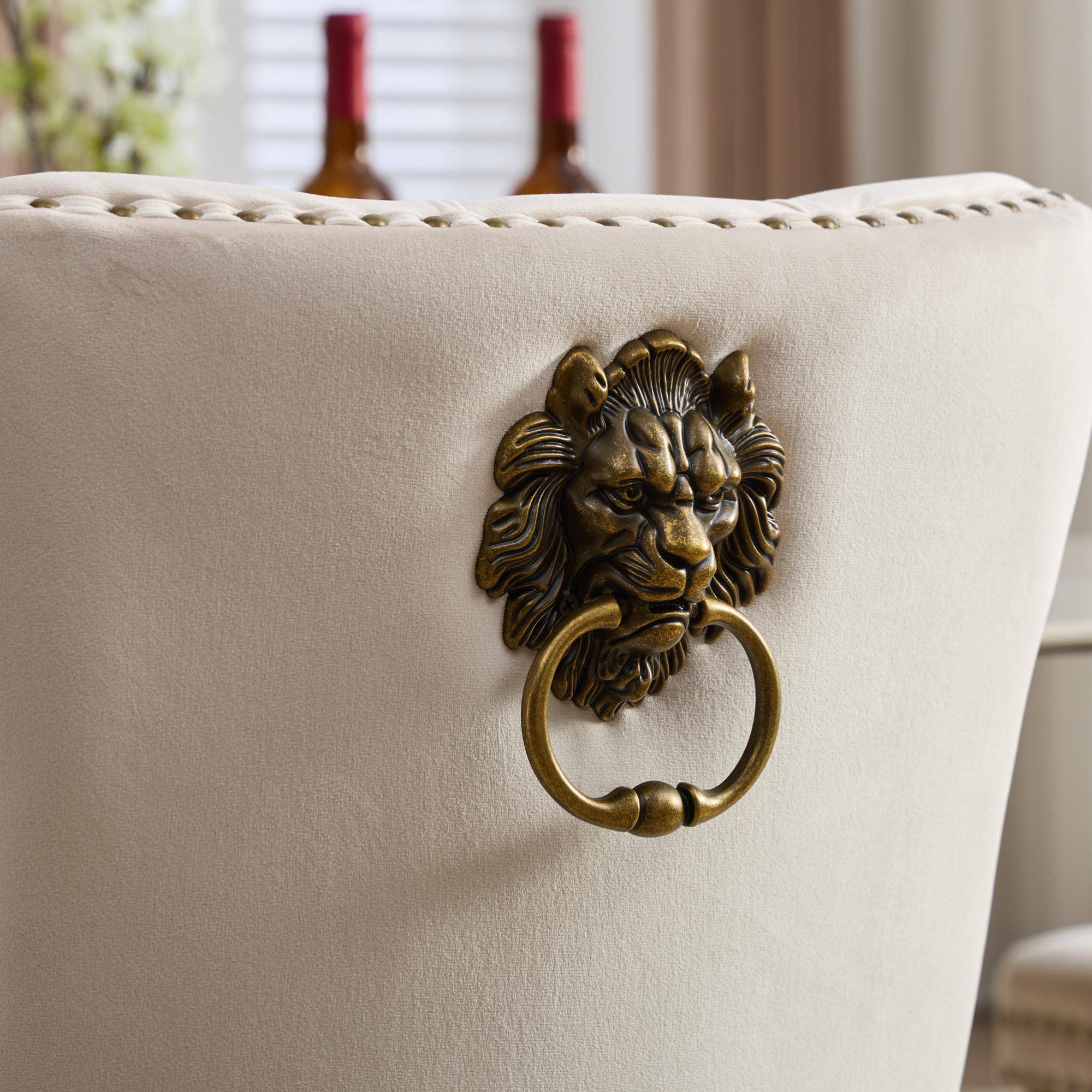 Alt View 5. GOODSILO - Modern Tufted Velvet Dining Chairs with Lion Head Pull Rings and Golden Wooden Legs, Set of 2 - Beige.