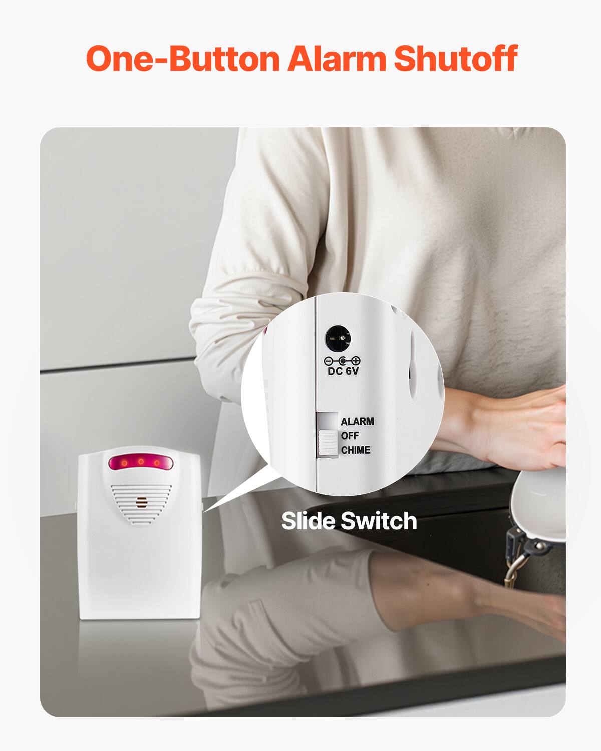 One-Button Alarm Shutoff

DC 6V

ALARM OFF CHIME

Slide Switch